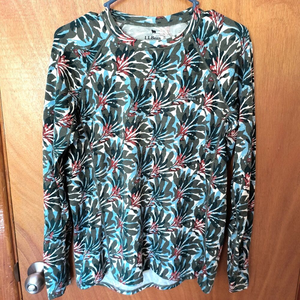 L.L. Bean Merino Wool Sweater Womens L Floral Mid Weight Cozy Baselayer *Pls Rd*